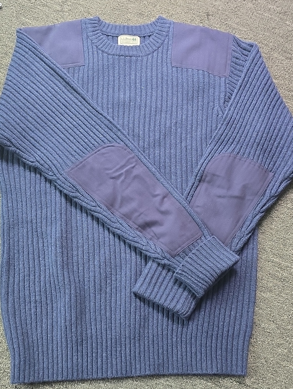 L.L. Bean Men’s Blue Ribbed Crewneck Sweater with Elbow & Shoulder Patches